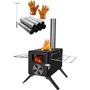LAMA Stufa per Tenda da Campo, Stufa a Legna Portatile, con 6 Canne fumarie per Cucinare, Riscaldamento, Campeggio, Tenda, Escursionismo, Pesca, Zaino in Spalla, Barbecue, Nero