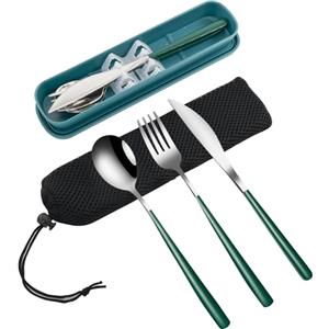 VANRA Set di 3 posate da viaggio portatili con valigetta in acciaio inox 18/8, set di posate riutilizzabili, con forchetta, cucchiaio, coltello per pranzo, viaggi, campeggio, scuola, lavoro, picnic