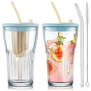 Joeyan 15 Once Bicchiere in Vetro Trasparente con Cannucce e Coperchi, Set da 2 Tazze da caffè Freddo a Coste con infusore per tè, Acqua, Succhi, Bevande, Frullati e Soda, Lavabile in Lavastoviglie