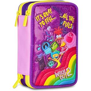 Seven Inside Out 2 Astuccio Scuola 3 Zip Viola - Portapenne Triplo Scomparto Completo con 44 Pezzi di Materiale Scolastico