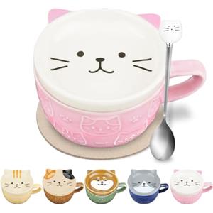 QLFJ-FurDec Simpatiche Tazze in Ceramica per Gatti Con Coperchio, Tazze da Caffè e Tè Set, Animali Colazione Tazza in Porcellana, Tazze di Natale per Amanti Dei Gatti, Ragazzi, Donne, Amici, Ufficio(Rosa)