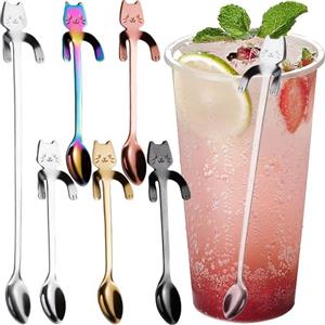 MINGZE 6 pezzi Acciaio Inox Cucchiaino Da Caffè, 5 Colori Diversi + 1 Cucchiaio A Manico Lungo, Sospeso Carino Gattini Cucchiaini Mescolatore Per Acqua, Tè, Latte, Caffè, Dessert, Bibita, Frappè