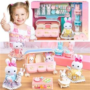 SQAQS Casa Delle Bambole, Playset Casa Delle Bambole, Dollhouse con Accessori e Mobili Inclusi, Regalo per Bambini da 3+ Anni, Little Rabbit Doll House, Casa dei Sogni con Bambola (Passeggino)