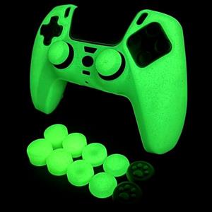 HLRAO Cover protettiva antiscivolo in silicone verde glitterato che si illumina al buio, compatibile con controller PS5/Slim/Pro, 8 tappi per pollice glitterati e 2 tappi.