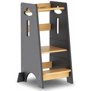 COSYLAND Torre Montessoriana da 1 Anno - Torre montessoriana bambini in Legno Più Spesso - Torretta Montessoriana con Scala Regolabile a 3 Altezze - Torre di Apprendimento(Grigio scuro&Naturale)
