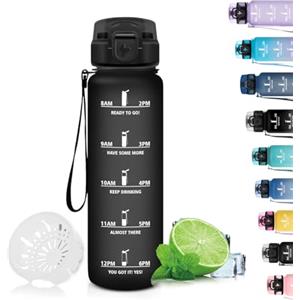 Grsta Borraccia, 500ml Borraccia Bambini, Borraccia Filtrante Senza Perdite, Borraccia con Orari per Bere, Facile da Pulire, Borraccia Motivazionale con Scala Temporale, per Scuole, Campeggi, Nero