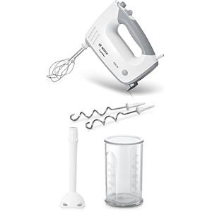 Bosch Sbattitore Elettrico MFQ36440, 400 W, 5 Velocità e Turbo, Leggero, Impugnatura Comoda, Fruste Incluse, Ganci per Impastare in Acciaio Inox Inclusi, Piede Frullatore e Bichhiere Inclusi, Bianco