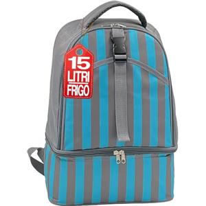 BAKAJI Zaino Frigo a Spalla con Capacità 15 Litri, Borsa Termica Refrigerante Design a Strisce Resistente Blu e Grigio, Zainetto Ideale per Gite Fuoriporta, Mare, Pic Nic, 26 x 17 x 40 cm