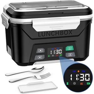 Docusvect Scaldavivande a Batteria Ricaricabile, Scaldavivande Elettrico Portatile con Timer, Porta Pranzo Riscaldabile Portatile 1,3L con Divisorio Removibile, Forchetta, Cucchiaio e Borsa Termica