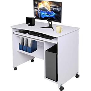 BAKAJI Scrivania con Portatastiera Estraibile Ripiano Inferiore e Vano Pora Computer Tavolo da Lavoro Porta Pc in Legno MDF con 4 Ruote Arredamento Casa Ufficio Cameretta Moderna (Bianco)