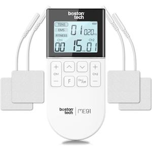 Boston Tech® Elettrostimolatore Muscolare | 3 in 1: TENS EMS Fitness | Sollievo Efficace dal Dolore + Allenamento | 2 Canali + 50 modalità + 16 Livelli di Intensità + Include Custodia + 4 Elettrodi