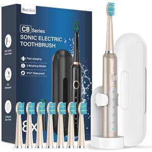 Coulax Pro Spazzolino Elettrico Sonico con 8 Testine - Spazzolino Sonico Adulti Ricaricabile, Spazzolino Denti Elettrico con Custodia, 5 Modalità, Spazzolino Da Viaggio Ultrasonico, Oro Smerigliato