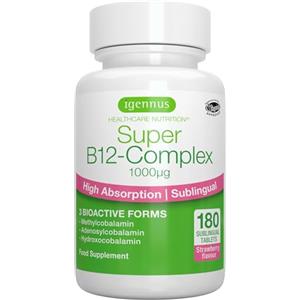 Igennus Healthcare Nutrition Vitamina B12 Complex 1000mcg Sublinguale, 180 Compresse, 1 al Giorno, Metilcobalamina, Adenosilcobalamina e Idrossicobalamina, Alto Assorbimento, Ingredienti Puliti e Vegani, Gusto Fragola - Igennus