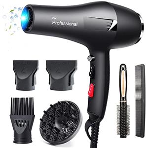 Faszin asciugacapelli professionale, ionico capelli senza crespo, motore AC grande flusso d'aria, asciugacapelli con diffusore e concentratore, 3 temperature, 2 velocità (Nero)