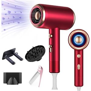 Bizcasa Asciugacapelli Ionico 1800W,Asciugacapelli da Salone con Pulsante Caldo/Freddo,3 Impostazioni di Temperatura,Hair Dryer avec Diffuseur et Buse de Coiffage,Super Silencieux (rosso)