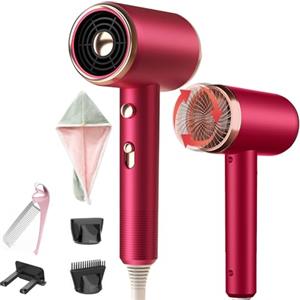 Oskuglin Asciugacapelli Ionico, Asciugamano Capelli, Pettine pieghevole, Pieghevole Spazzola, Asciugamani per capelli, Phon Capelli con Pulsante Caldo/Freddo, 3 Temperature,3 Velocità,Cuffie doccia (Rosso)