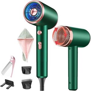 Oskuglin Asciugacapelli Ionico, Asciugamano Capelli, Pettine pieghevole, Pieghevole Spazzola, Asciugamani per capelli, Phon Capelli con Pulsante Caldo/Freddo, 3 Temperature,3 Velocità,Cuffie doccia (Verde)