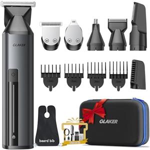 GLAKER Rasoio Elettrico Barba 6 in 1 - Regola Barba Elettrico Uomo Impermeabile per Barba, Capelli, Corpo, Parti Intime e Naso con Testine Intercambiabili