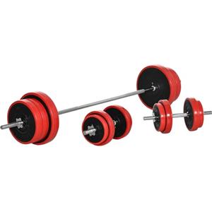 HOMCOM Set Bilanciere con Dischi Pesi 65kg Totali in Sabbia di Ferro, Metallo e Gomma, Rosso