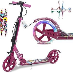 Arebos Monopattino pieghevole per Bambini e adulti fino a 100kg | LED Illuminate Ruote | Sospensione anteriore | kick scooter con campanello | inclusa tracolla | Monopattino Bambino | Rosa