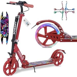 Arebos Monopattino pieghevole per Bambini e adulti fino a 100kg | LED Illuminate Ruote | Sospensione anteriore | kick scooter con campanello | inclusa tracolla | Monopattino Bambino | Rosso