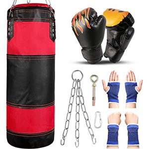 Odoland Sacco da Boxe Kit 7-in-1 per Bambini, Sacco da Pugilato 60 cm con Guantoni da Boxe da 6 Once e Maniche Protettive per Polso della Mano, Catene da Appendere per Sacco da Boxe e Gancio, Nero