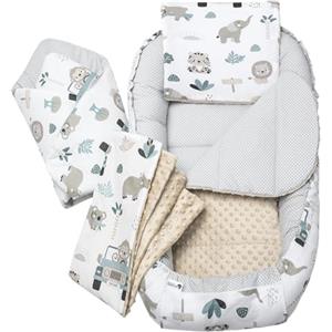 Medi Partners Riduttore Nido Neonato 100x60x15 5-Parti Bozzolo per Bebè Lettino Neonati Inserto Rimovibile Cuscino 100% Cotone (Zoo di menta con Minky beige)