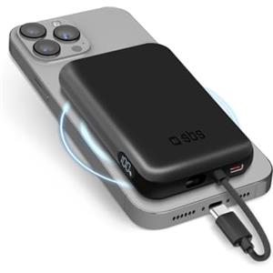 SBS Power bank battery pack 5000 mAh, compatibile con MagSafe, ricarica wireless, cavo USB-C integrato, porta USB-C, LCD di stato, universale per iPhone, Samsung, Xiaomi, Oppo, nero