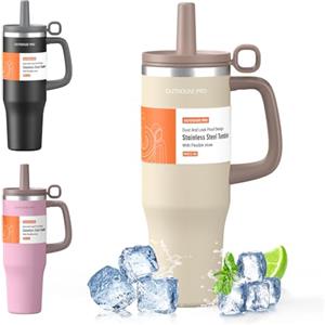 OUTDOUSE PRO 1200ml Tazza Termica con Cannuccia, Borraccia con Manico, 1.2L Tazze Isolate, Tazza Termica per Auto in Acciaio Inox a Doppia Parete per Bevande Calde, Fredde per Acqua, Caffè, Marrone Chiaro