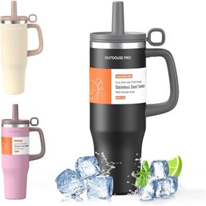 OUTDOUSE PRO 1200ml Tazza Termica con Cannuccia, Borraccia con Manico, 1.2L Tazze Isolate, Tazza Termica per Auto in Acciaio Inox a Doppia Parete per Bevande Calde, Fredde per Acqua, Caffè, Nero