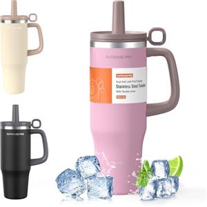 OUTDOUSE PRO 1200ml Tazza Termica con Cannuccia, Borraccia con Manico, 1.2L Tazze Isolate, Tazza Termica per Auto in Acciaio Inox a Doppia Parete per Bevande Calde, Fredde per Acqua, Caffè, Rosa