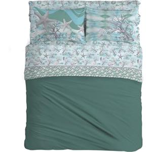PENSIERI DELICATI Completo Letto Matrimoniale 100% Cotone, Completo Lenzuola Matrimoniali 180x200 Comprensivo di Lenzuolo Sotto, Sopra e 2 Federe, Made in Italy, Fantasia Marina Verde