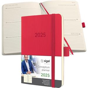 SIGEL C2535 Conceptum Agenda settimanale 2025, circa A6, rosso, copertina flessibile, 2 pagine = 1 settimana, 176 pagine
