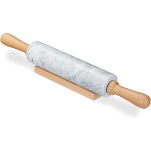 Relaxdays Mattarello in Marmo, Manici in Legno, Pesante, Piatti al Forno & in Padella, con Sostegno, 48 cm, Bianco