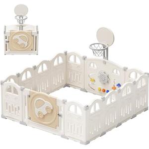 UBRAVOO Box per bambini pieghevole con mini canestro da basket e palline colorate da 50 pezzi, box a tema auto per neonati e bambini piccoli (14 pannelli, Bianco Latte)