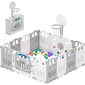 UBRAVOO Box per Bambini Pieghevole con Mini Canestro da Basket e 50 Pz Palline Colorate,Box a Tema Auto per Neonati e Bambini Piccoli, Grande e Divertente Centro Attività al Coperto(14 Pannelli)