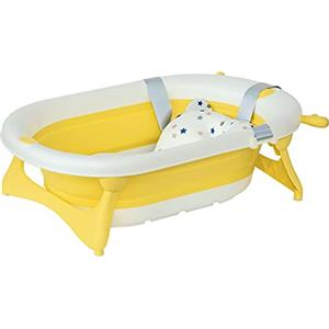 HOMCOM Vaschetta Bagnetto Pieghevole per Bambini 0-3 Anni con Indicatore di Temperatura e Cuscino, 81.5x50.5x23.5 cm, Giallo