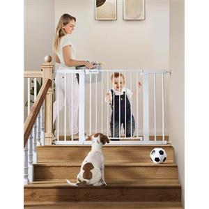 COMOMY 75-117cm Cancelletto per Bambini, Cancelletto Cani per Porte e Scale, Cancello Sicurezza per Bambino, Fissaggio a Pressione, Chiusura Automatica, con Cartello Verde/Rosso, Extra Largo, Bianco