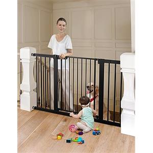 COMOMY 75-131cm Cancelletto per Cani, Cancelletto Scale Per Bambini, Cancello Sicurezza per Bimbo, Fissaggio a Pressione, Chiusura Automatica, con Segno Verde/Rosso, Interno/Esterno, Nero