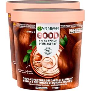 Garnier Good Tinta Colorazione Permanente Fino a 8 Settimane Colore Brillante e Luminoso Copre il 100% dei Capelli Bianchi Formula Vegana Senza Ammoniaca 5.32 Castano Tramonto Dorato - 2 Confezioni