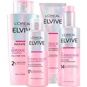 L'OREAL PARIS L'Oréal Paris Elvive Glycolic Gloss Balsamo da 150ml + Shampoo da 200ml + Siero Senza Risciacquo da 150ml + Trattamento Laminazione 5 minuti da 200ml per Capelli Spenti e Porosi - 4 flaconi