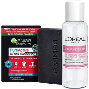 Garnier SkinActive Pure Active Sapone Viso Carbone Contro Imperfezioni e Punti Neri con Acido Salicilico Saponetta da 100g + Acqua Micellare Detergente Delicato Viso Occhi Labbra Formato Viaggio 30ml