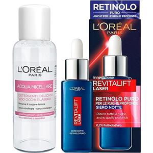 L'OREAL PARIS L'Oréal Paris Revitalift Laser Siero Viso Notte Anti Età con Retinolo Puro e Acido Ialuronico per Rughe Profonde 30ml + Acqua Micellare Detergente Delicato Viso Occhi Labbra Formato Viaggio 30ml