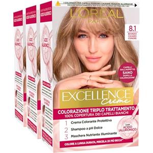 L'OREAL PARIS L'Oréal Paris Tinta Permanente Excellence Creme 8.1 Biondo Chiaro Cenere Colorazione Triplo Trattamento Copre 100% dei Capelli Bianchi Lunga Durata con Acido Ialuronico - 3 Tinte