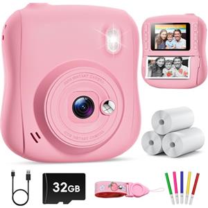Hangrui Macchina Fotografica Bambini Istantanea, 2,0 Pollici Fotocamera Istantanea Bambini con 32GB Scheda, 1080P Fotocamera Digitale Bambini, Giocattolo Regalo di Natale Bambina 3-10 Anni -Rosa