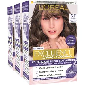 L'OREAL PARIS L'Oréal Paris Tinta Permanente Excellence Cool Creme 6.11 Biondo Scuro Ultra Freddo Colorazione Triplo Trattamento Copre 100% dei Capelli Bianchi Lunga Durata e Anti-Giallo - 3 Tinte