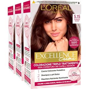 L'OREAL PARIS L'Oréal Paris Tinta Permanente Excellence Creme 5.15 Marron Glace Colorazione Triplo Trattamento Copre 100% dei Capelli Bianchi Lunga Durata con Acido Ialuronico - 3 Tinte