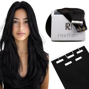 RUNATURE Extension Capelli Veri Biadesivo 20Pcs 25cm Nero Naturale Invisibile Extension Biadesive Capelli Veri Lisci 30g #1B