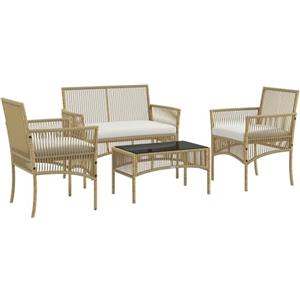 Outsunny Set da Giardino in Rattan 4 Pezzi, Set da Esterno con 2 Poltrone da Esterni, Divano da Giardino e Tavolino da Giardino, Naturale e Nero