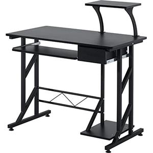 HOMCOM Scrivania per Computer Salvaspazio in Acciaio e Legno, Scrivania da Ufficio con Cassetto, Ripiano Tastiera Estraibile 90 x 50 x 95cm